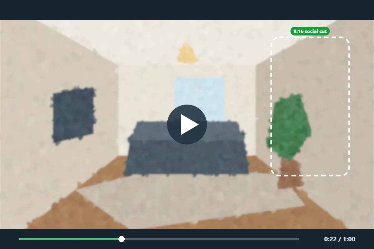 Illustration of a marketing video frame with a play button and a vertical crop marked for social media