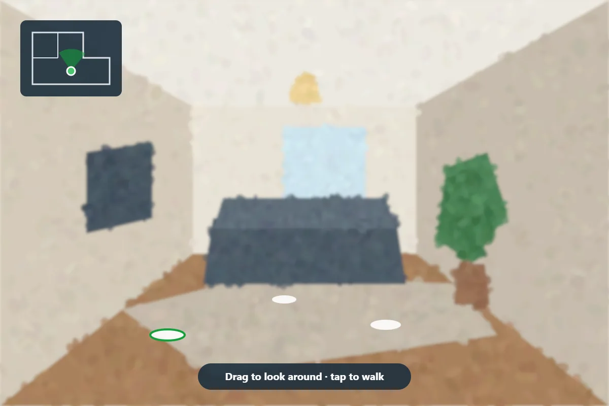 Illustration of a virtual walkthrough: a living room in 3D with a floor plan inset and a prompt to drag and look around